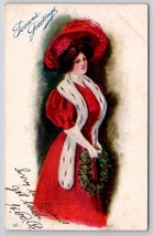 Seasons Greetings Lady In Red With Wreath Christmas Postcard T29 - £6.77 GBP