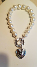 NVC Silver Faux Pearl Crystal Heart Charm Stretch Bracelet (NWOT) - £15.49 GBP