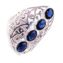 Blue Sapphire Gemstone 925 Silver Overlay Handmade Filigree Designed Ring US-8.5 - £13.30 GBP
