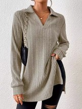 Slit Johnny Collar Long Sleeve Top - $28.99