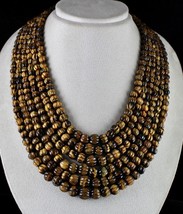 Natural Tiger Eye Beads Carved 6 Line 1566 Cts Gemstone Ladies Antique Necklace - £406.19 GBP