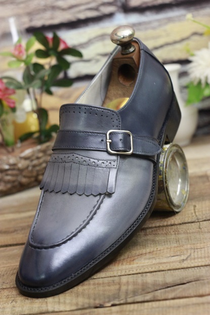New Men's Handmade Leather Shoes Grey Leather Bespoke Buckle Style Slip On Dress