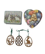 Vintage Easter Decor Lot Bunny Tin Heart Shaped Container 3 Wooden Ornam... - $18.80