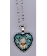 Bubble Heart shaped pendant w/GrBl back of White Cat, Flowers w/ Chain i... - $24.70