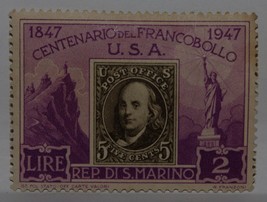 Vintage Stamps San Marino 2 Two Lire Anniversary First American Postage X1 B9 - £1.39 GBP
