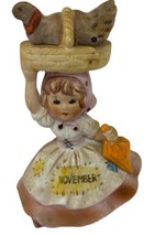 Vintage Lefton November Girl Birthday Figurine Turkey Basket Pink Dress 4.5&quot; - £10.62 GBP