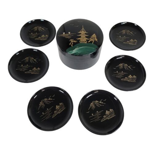 Primary image for Vintage Pagoda Japan Painted Black Lacquered Boxed set of 6 Coasters Holder 