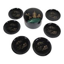 Vintage Pagoda Japan Painted Black Lacquered Boxed set of 6 Coasters Hol... - $46.74