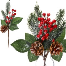 12 Pine Snowy Flower Picks Artificial Holly Red Berry Pine Cone Picks Fake - £32.88 GBP