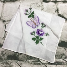 Vintage Handkerchief White With Purple Embroidered Flowers And Butterfly Hanky - £11.65 GBP