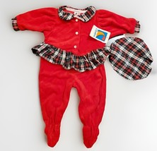 Vtg Carters Red Velour Outfit 6 Mos Baby 2pc Plaid Beret USA Holiday Bod... - $37.69 CAD