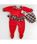 Vtg Carters Red Velour Outfit 6 Mos Baby 2pc Plaid Beret USA Holiday Bod... - $37.69 CAD