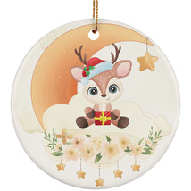 Cute Baby Deer On Moon Ornament Flower Christmas Gift Decor For Animal Lover - £11.86 GBP