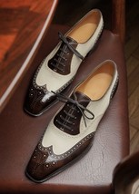New Handmade Men&#39;s Spectator Wingtip Brown &amp; White Cowhide Leather Dress Shoes - £104.49 GBP+