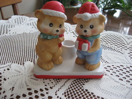 Christmas Teddy Figurine-Taper Holder-Beacon Hill-Bisque-Hand Painted-1980&#39;s - £7.05 GBP