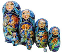 7pcs One of a Kind Hand Painted Russian Nesting Doll &quot;Mermaids&quot; by Ilyukova - £697.92 GBP