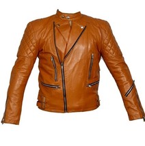Biker Leather Jacket Women Brown Quilted Tab Collar Front Zipper Side Bu... - £107.65 GBP
