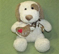 Dan Dee 16&quot; Valentine Dog Plush Ivory Brown Ribbed Heart Hugs Satin Ribbon Puppy - £20.85 GBP