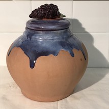 Art Pottery Blue Drip Glaze Terra Cotta Pottery Canister Purple Grapes, 6” - £6.04 GBP