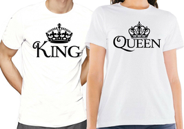 NWT KING QUEEN BLACK CROWN COUPLE VALENTINE&#39;S DAY WHITE CREW NECK T-SHIRT - $13.99