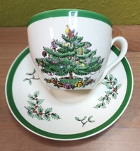 Spode Christmas Tree Flat Cup &amp; Saucer Set Green Trim England S3324 Vintage - $24.74