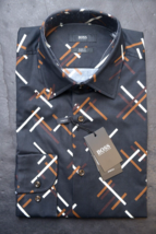 HUGO BOSS Hombre Hank Kent Ajustado Negro/Marrón Algodón Elástico Camisa 41 16 - £56.96 GBP