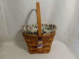 1996 LONGABERGER tall Easter BASKET w fabric pansy liner, egg tie on - combo - $29.99