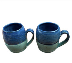 Set of 2 Studio Art Pottery Coffee Mugs with Handles Blue 2 Tone Stoneware Cups - £18.03 GBP