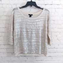 H&amp;M Sweater Womens Medium Beige Silver Striped Shiny Scoop Neck Knit Pul... - £11.47 GBP