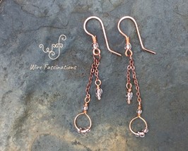 Handmade copper dangle earrings with fine chain and copper lined crystal beads - £18.08 GBP
