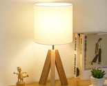 Small Beside Table Lamp, Wood Tripod Table Lamp With White Fabric Shade,... - $45.99