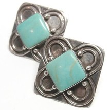 All Solid Sterling 925 Silver Blue Turquoise Stone Pierced Square Earrin... - $27.72