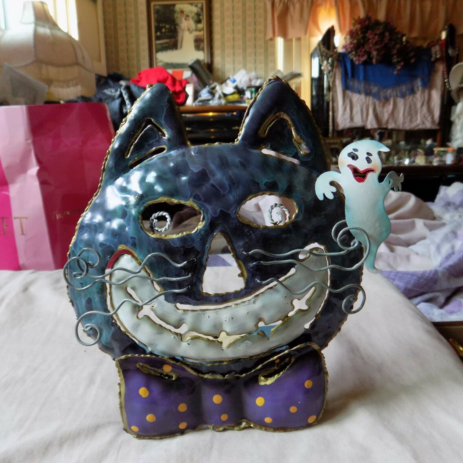 Metal cat with ghost candle holder - $7.99