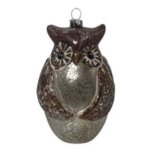 Brown &amp; Silver White Mercury Glass Big Eyed Owl Christmas Tree Hanging Ornament - $13.10