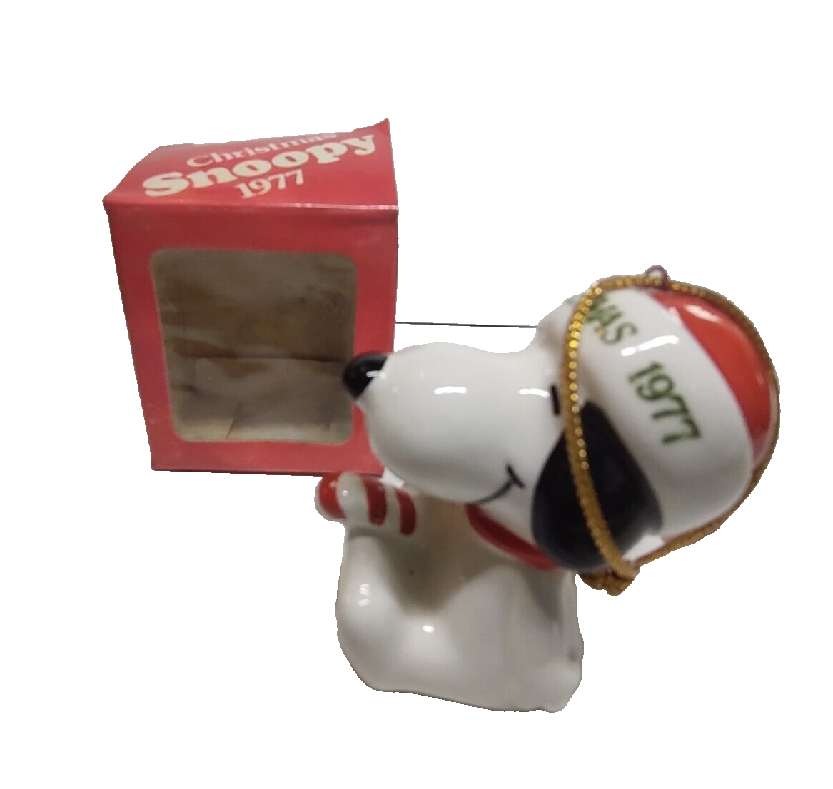 Snoopy Christmas Ornament 1977 Peanuts Gang Porcelain Candy Cane Dog With Box - $14.54