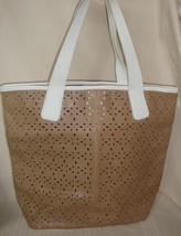 Saks Fifth Avenue Perforated Floral Cutouts Tan and White Tote Bag - £10.07 GBP