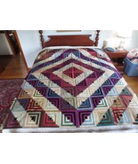 Antique COLORFUL SATINY LOG CABIN Tied PATCHWORK QUILT  - 69" x 69" - $149.00