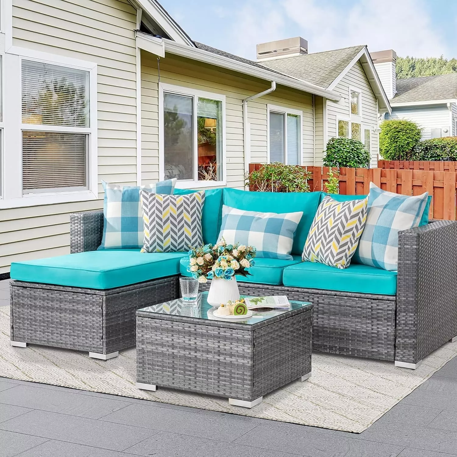 Gray Outdoor Rattan Wicker Sectional Sofa Furniture Set with Table - Neo... - $532.52 CAD