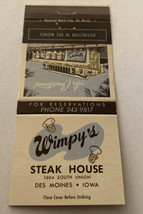 Vintage Matchbook Cover Matchcover Wimpy’s Steak House Des Moines IA - £2.69 GBP
