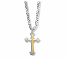 Sterling Silver Two Tone Cross Budded Ends Necklace &amp; Chain - £64.13 GBP