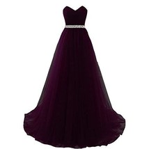 Kivary Strapless Tulle A Line Beaded Belt Long Formal Corset Prom Evening Dresse - £99.25 GBP