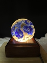 Joe Rice Controlled Bubble Blue White Trumpet Flower Lighted Glass Paperweight - £25.45 GBP