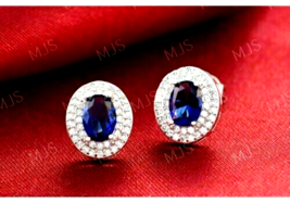 Gift 0.75Ct Lab-Created Sapphire &amp; Cubic Zircon Halo Stud Earring in 925 Silver - £60.61 GBP