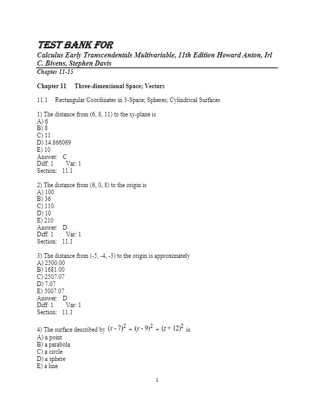 Test Bank for Calculus Early Transcendentals Multivariable, 11th Edition... - $17.99