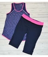 Womens Large TANGERINE 2pc Activewear Outfit Tank Capris Blue Pink Refle... - $22.99