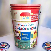 Vintage 90&#39;s Sanrio Hello Kitty Character Town Tin Bucket Pail w/Handle RARE - $33.66