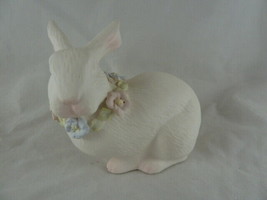 Vintage White Bisque Porcelain Bunny Rabbit with flowers around neck PRE... - $13.85