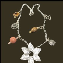 Fashion Necklace Silver Tone Charms Tree of Life Lg Flower Beads 12.5 in long - £12.80 GBP