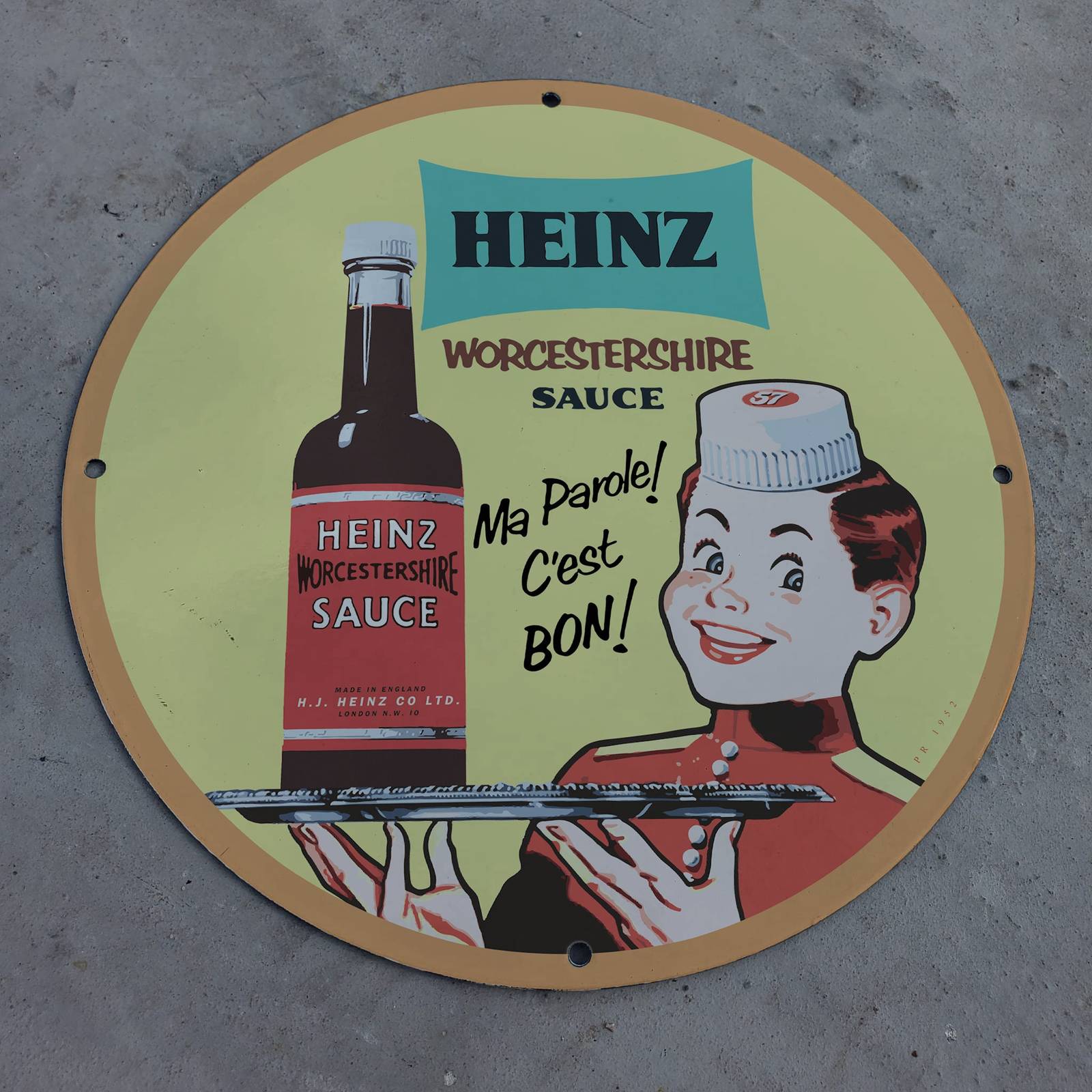 Vintage 1952 Heinz Worcestershire Sauce Bottle Porcelain Gas & Oil Pump Sign - $125.00