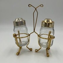 Vintage Home Kitchen Salt and Pepper Shaker Bottles with Gold Holder Sto... - $23.03